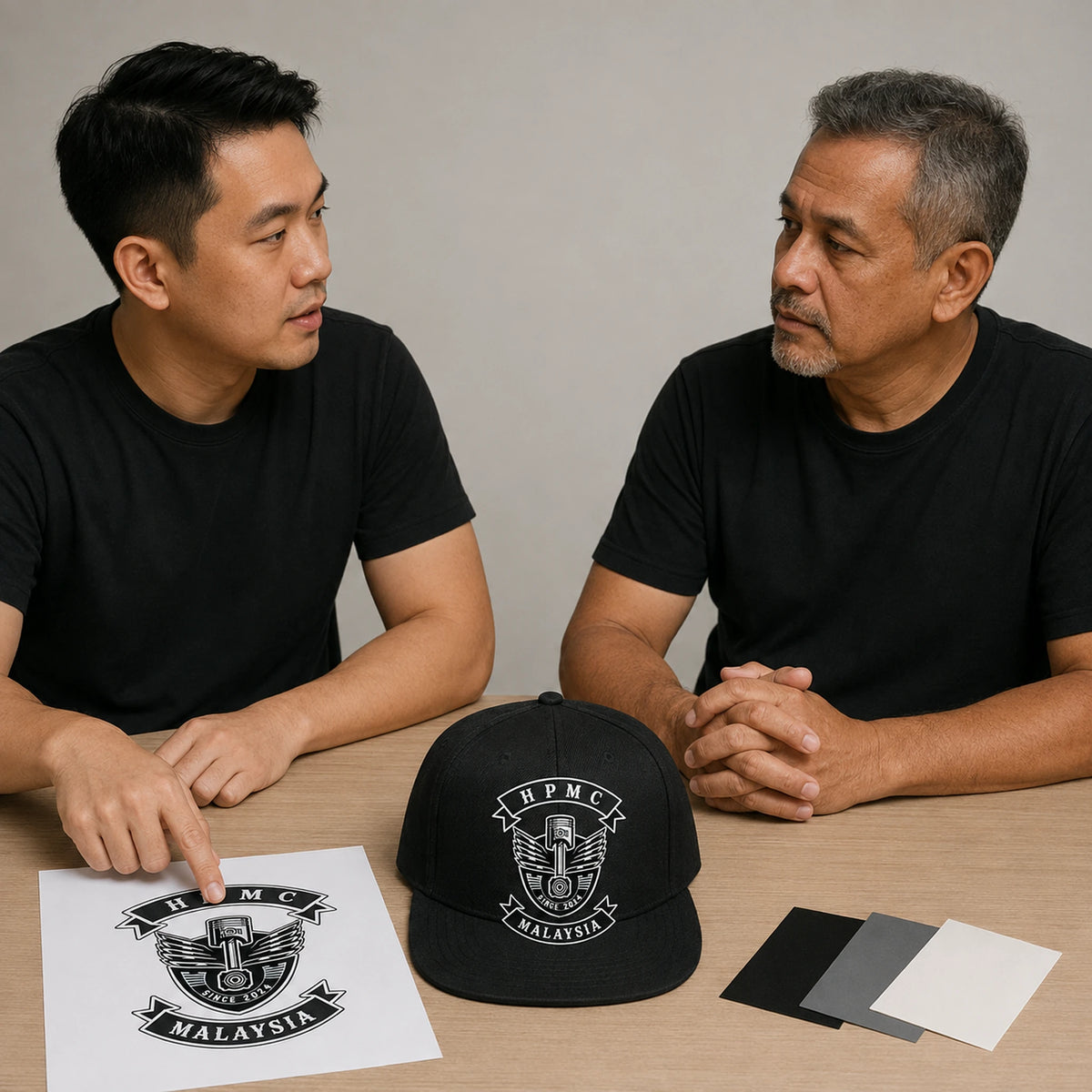 A motorcycle club rider and designer review an approved emblem for a custom black flat-brim cap.