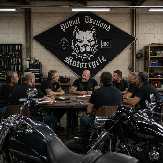 Motorcycle club members hold a chapter meeting beneath a custom diamond flag in an industrial garage clubhouse.