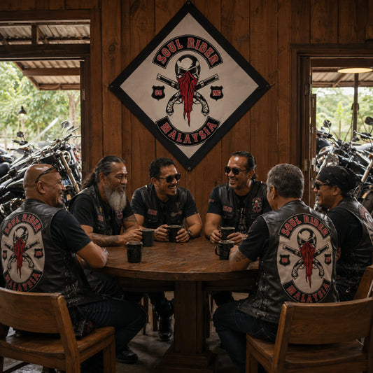 Six riders relax after a ride beneath a custom diamond flag in a warm timber motorcycle clubhouse.