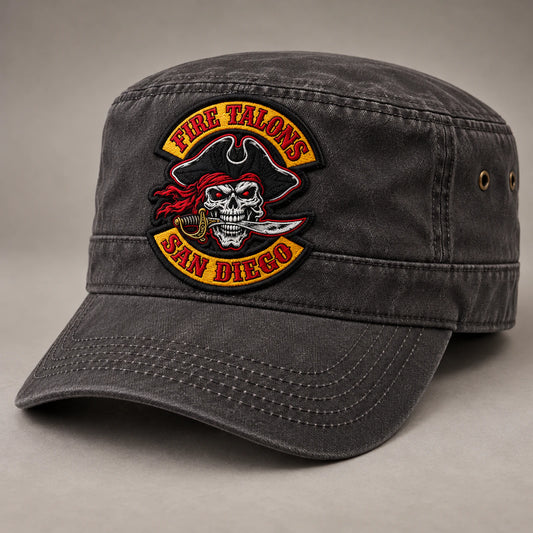 Charcoal military cadet cap with a traditional embroidered club patch.