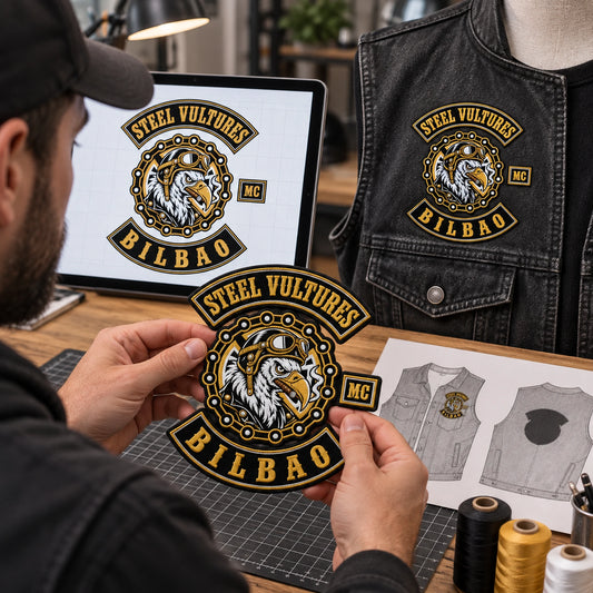 Existing fictional shield silhouette matched by a new chest patch for a motorcycle club, shown at digital proof and physical sample station.
