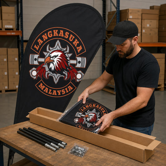 Production & Worldwide Shipping: custom motorcycle club feather flag shown in shipping worker packing a finished flag and segmented pole into a long protective carton.