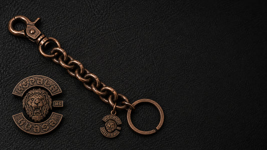 Open antique copper motorcycle club wallet chain with a swivel clasp, split wallet ring and separate custom logo sample.