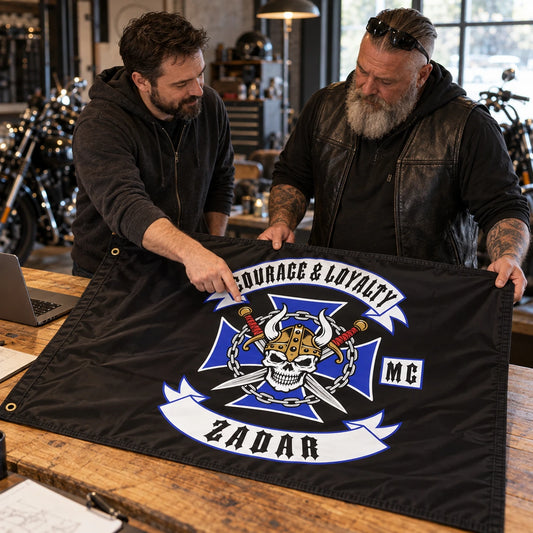 Motorcycle club members use a custom rectangular flag for confirm your final design in a realistic American V-twin setting.