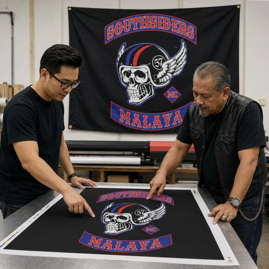 Motorcycle club members use a custom rectangular flag for confirm your final design in a realistic American V-twin setting.