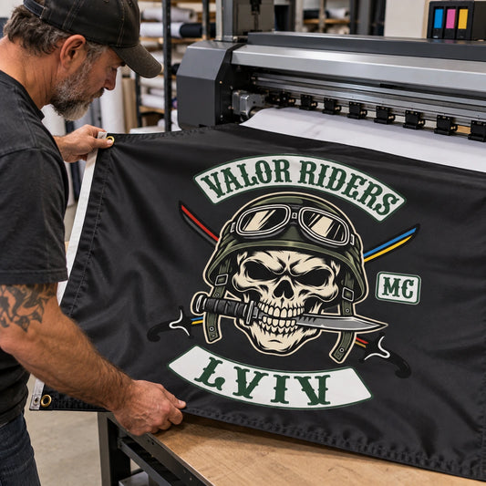 Motorcycle club members use a custom rectangular flag for artwork & printing style in a realistic American V-twin setting.
