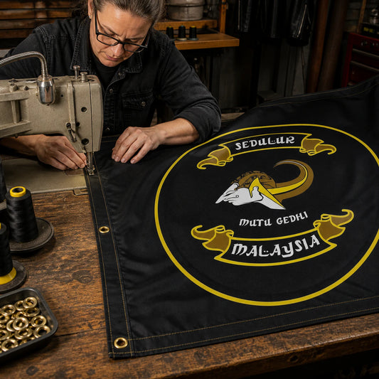 Motorcycle club members use a custom rectangular flag for finishing details in a realistic American V-twin setting.