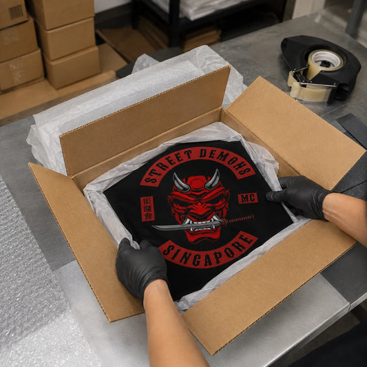 A fulfillment specialist securely packs a finished custom motorcycle club triangle flag for worldwide shipping.
