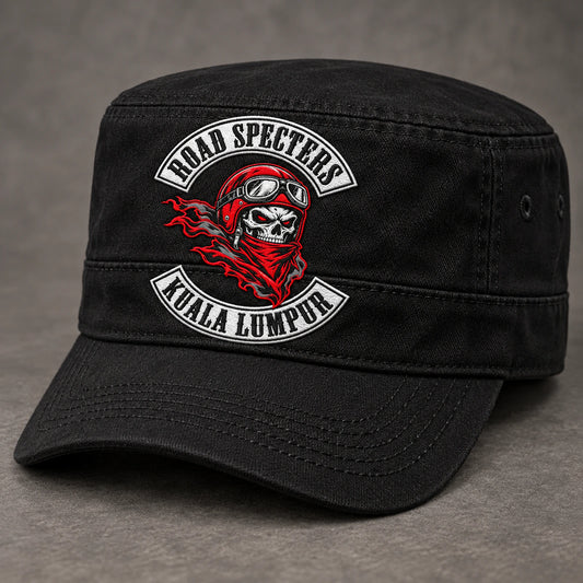 Black military cadet cap showing detailed flat embroidery from authorized club artwork.