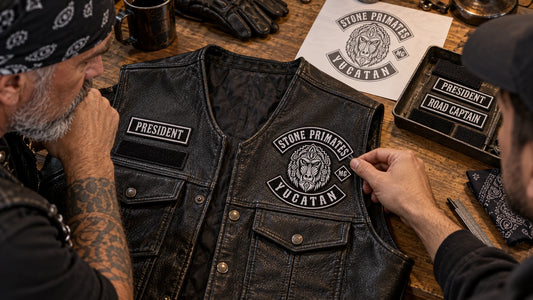 Front-of-vest patch placement system with compact identifiers for a motorcycle club, shown at inspection table beside an open leather cut.