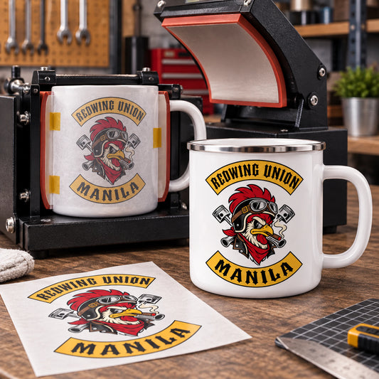 Compatible coated metal mug prepared for full-color transfer displaying an authorized logo for a custom motorcycle club metal mug project.