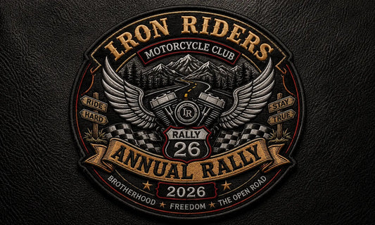 Embroidered motorcycle club anniversary rally patch for a 2026 riding event
