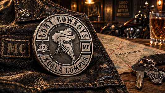 Motorcycle club challenge coin carried as a symbol of club history.