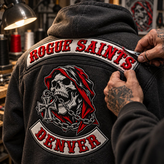 3D puff embroidery featuring a custom motorcycle club hoodie with authorized club artwork.