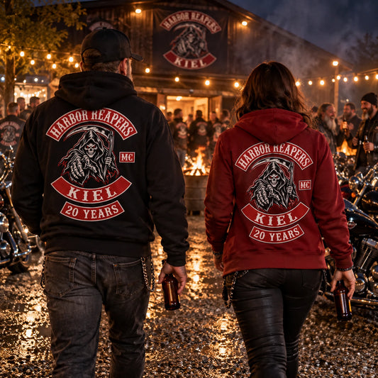 Club anniversary hoodies featuring a custom motorcycle club hoodie with authorized club artwork.