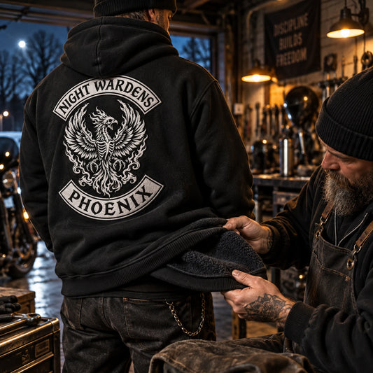 Heavyweight brushed fleece featuring a custom motorcycle club hoodie with authorized club artwork.