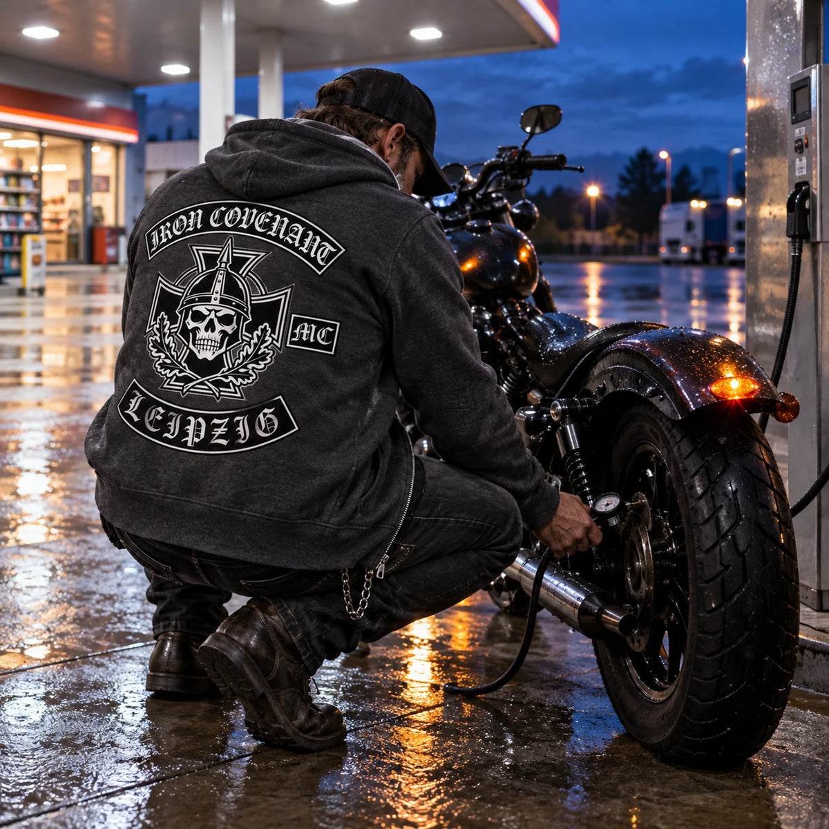 Charcoal hoodie at a night gas station featuring a custom motorcycle club hoodie with authorized club artwork.