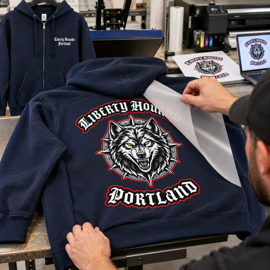 DTF and DTG printing featuring a custom motorcycle club hoodie with authorized club artwork.