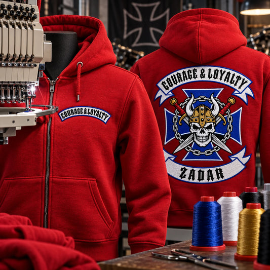 Embroidery technique featuring a custom motorcycle club hoodie with authorized club artwork.