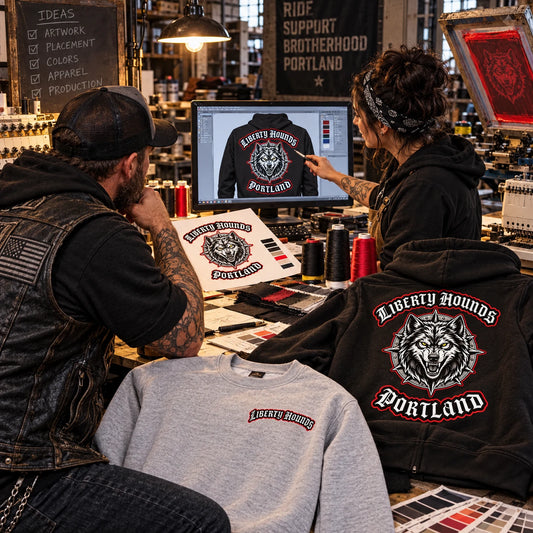Free design support before production featuring a custom motorcycle club hoodie with authorized club artwork.