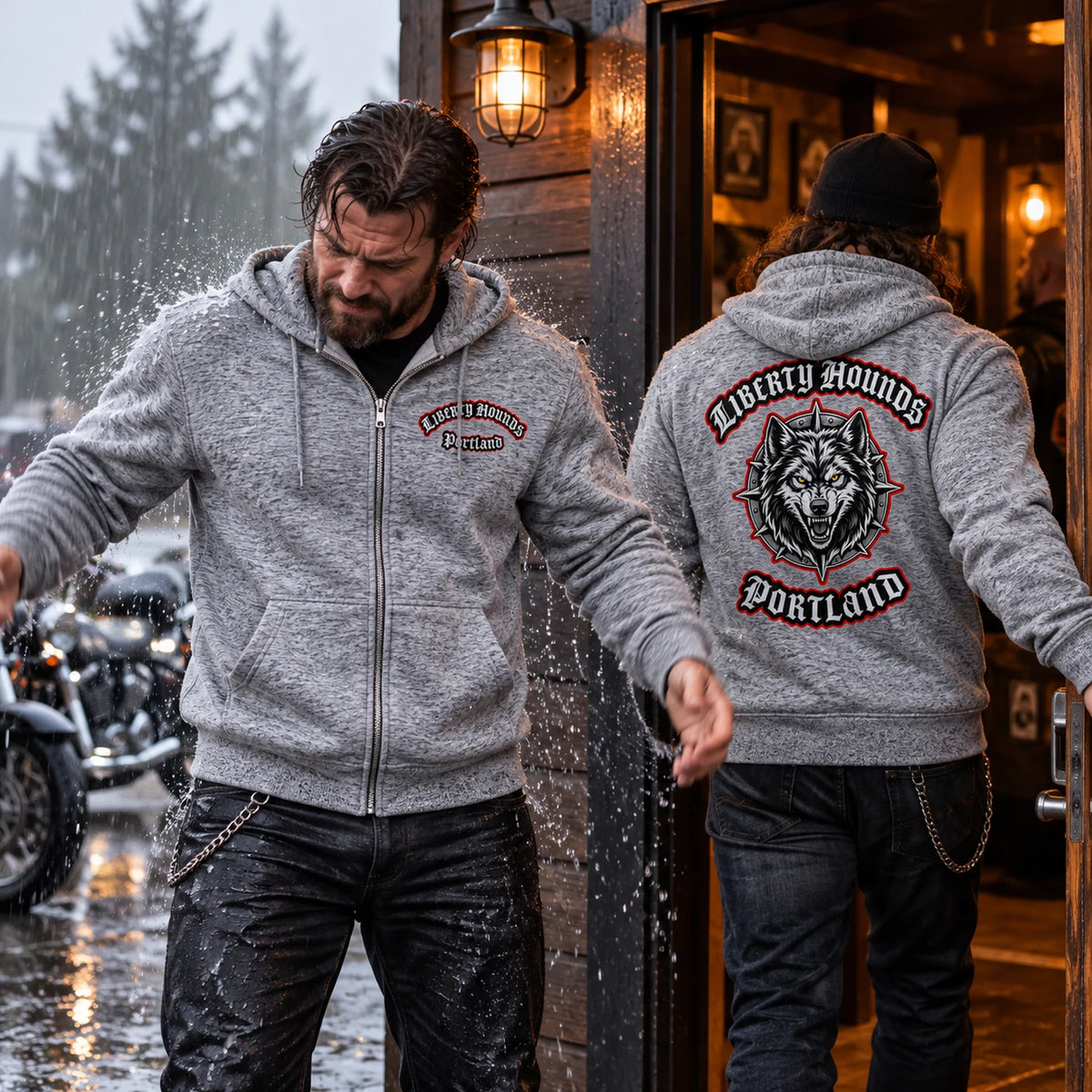Heather gray zip hoodie in rain featuring a custom motorcycle club hoodie with authorized club artwork.