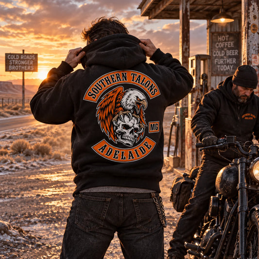 Heavyweight fleece hoodies featuring a custom motorcycle club hoodie with authorized club artwork.