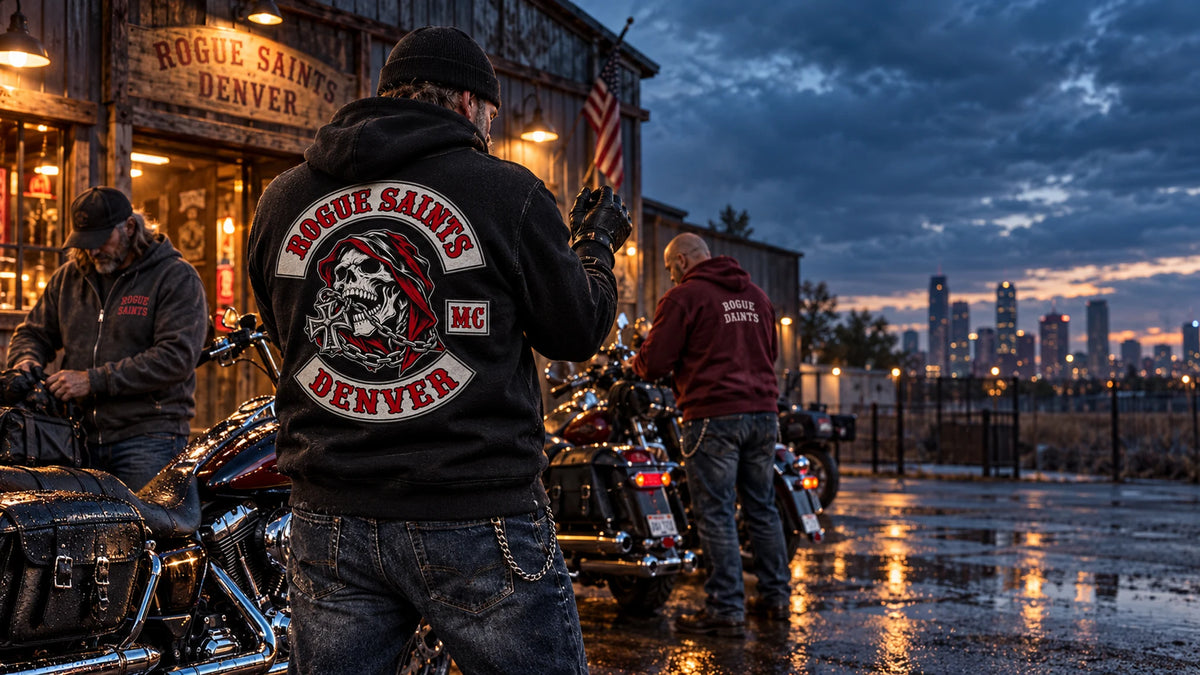 Custom hoodies built for your club featuring a custom motorcycle club hoodie with authorized club artwork.
