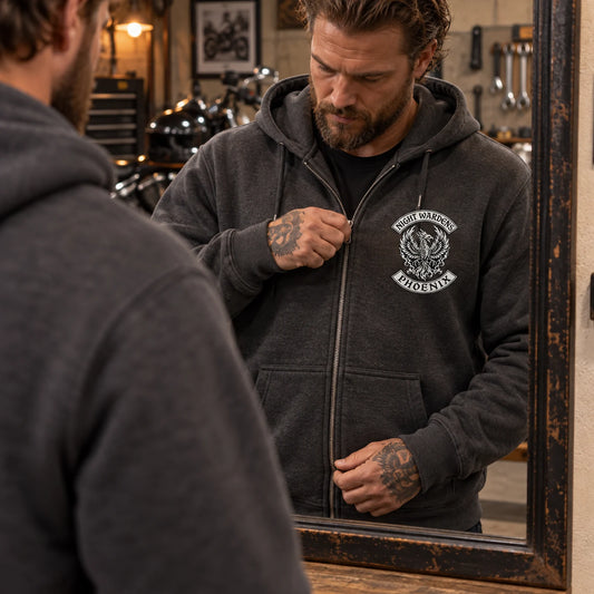 Small left chest design placement featuring a custom motorcycle club hoodie with authorized club artwork.