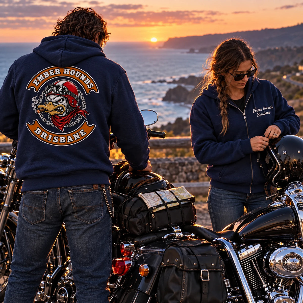 Navy hoodie on a coastal road trip featuring a custom motorcycle club hoodie with authorized club artwork.