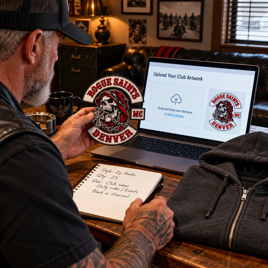 Send your club artwork online featuring a custom motorcycle club hoodie with authorized club artwork.