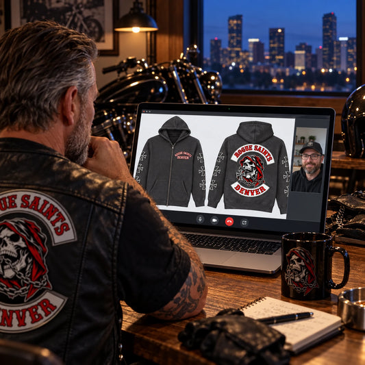 Receive a free remote design featuring a custom motorcycle club hoodie with authorized club artwork.