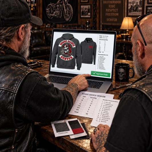 Confirm order details online featuring a custom motorcycle club hoodie with authorized club artwork.