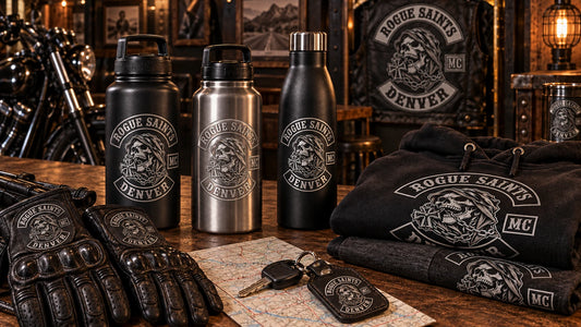 Motorcycle club hydration gear arranged for a chapter ride.