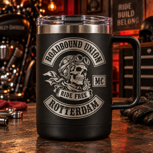 Black insulated stainless travel mug with secure lid displaying an authorized logo for a custom motorcycle club metal mug project.