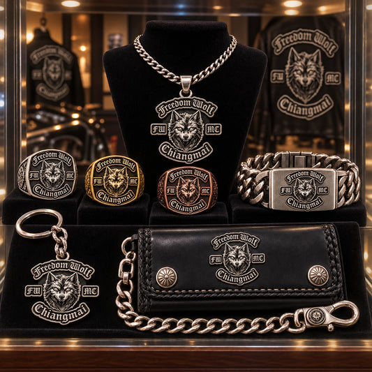 Custom motorcycle club jewelry and metal gear organized as official clubhouse merchandise.