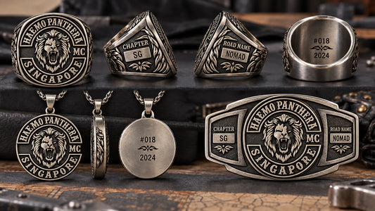 Front, side and back views of custom motorcycle club jewelry showing chapter, road name and member number placement.