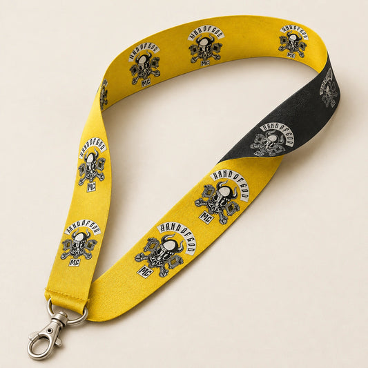 Front and reverse views of one motorcycle club lanyard showing different logo-repeat spacing.