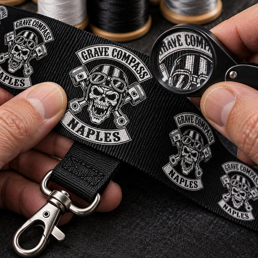 Inspection of a woven Grave Compass motorcycle club logo and the lanyard attachment.