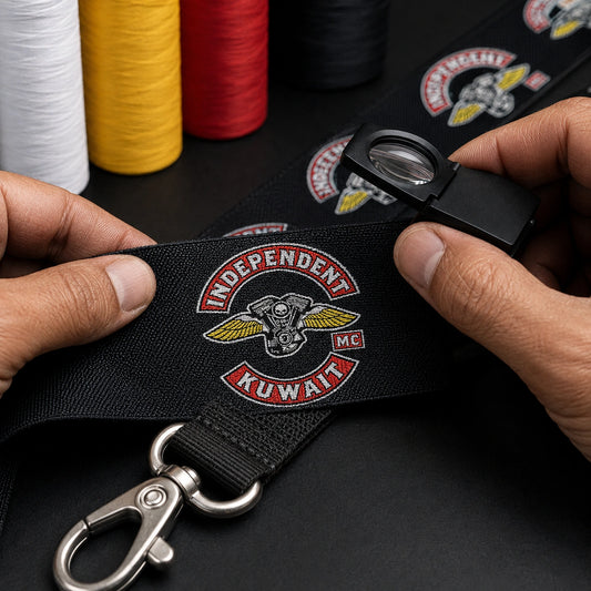 Inspection of a woven motorcycle club logo, colored threads and the lanyard's finished attachment.