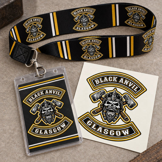 A motorcycle club lanyard, event credential and paper artwork proof in a coordinated color scheme.