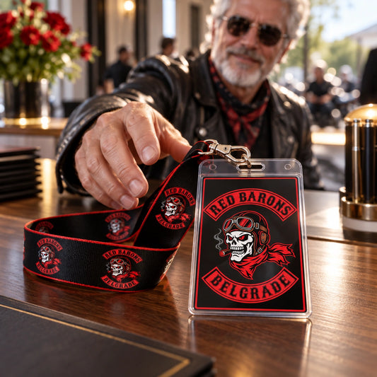A Red Barons guest credential set presented at a motorcycle club welcome desk.