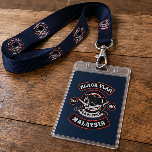 A clear credential sleeve connected to a club-logo lanyard through its reinforced upper slot.