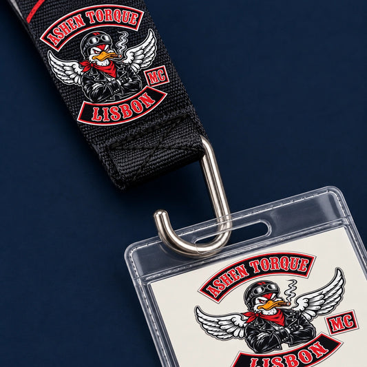 A J-hook connecting a printed motorcycle club lanyard to a badge-holder slot.