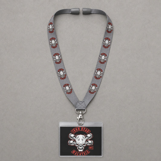 A motorcycle club lanyard laid flat with the neck-loop breakaway connector shown separated.