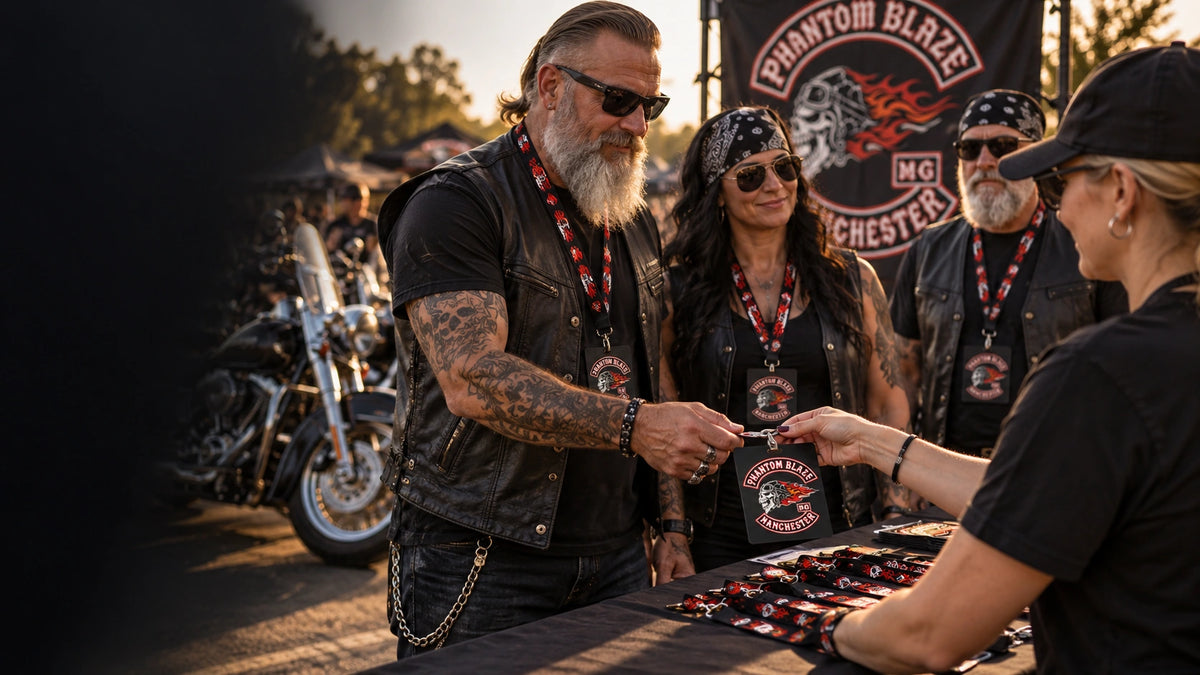 Motorcycle club members wearing coordinated logo lanyards and credentials at a rally registration table.
