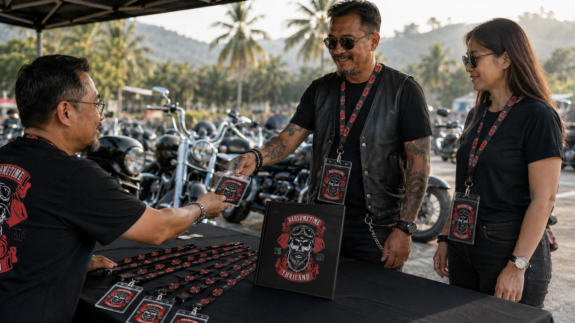 Motorcycle club members wearing coordinated logo lanyards and credentials at a rally registration table.
