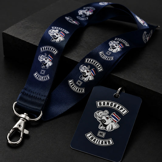 A nylon motorcycle club lanyard showing a lustrous surface, printed logo and connected trigger hook.