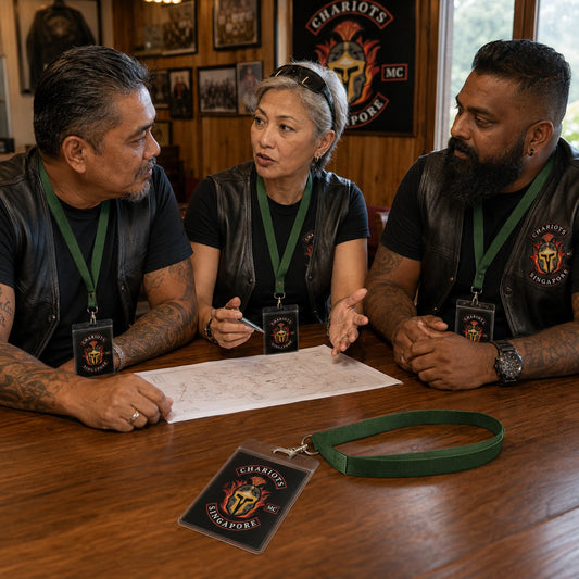 Club members discussing event plans with matching woven lanyards and credentials on a meeting table.