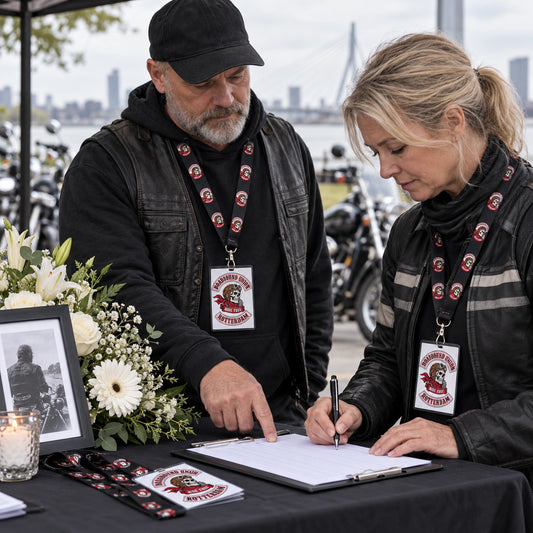 Motorcycle ride participants wearing club-logo credentials beside a registration and memorial table.