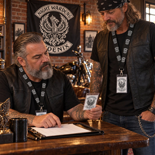 Motorcycle club members reviewing matching Night Wardens lanyards and member credentials at a clubhouse desk.